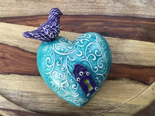Turquoise Heart Shaped Orb with Purple Bird